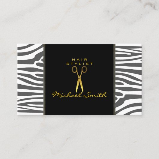 Gold Scissors Hair Stylist Modern Zebra Skin #66 Visitenkarte (Vorderseite)