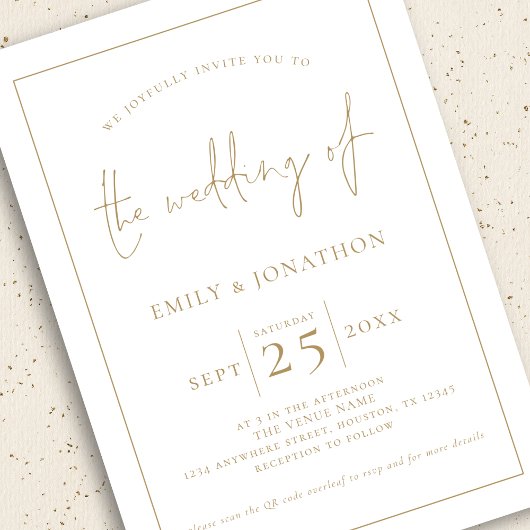 Gold Script 3 Fotos Line Border QR Code Hochzeit Einladung