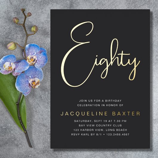 Gold Script 80. Geburtstagsparty Folieneinladung