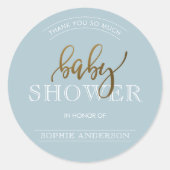 Gold-Script auf Pastel Blue | Babydusche Vielen Da Runder Aufkleber (Vorderseite)