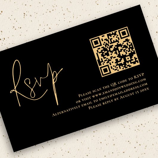 Gold Script Black QR Code Wedding RSVP Begleitkarte