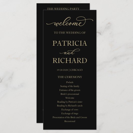 Gold Script Black Wedding Program Programm (Vorne/Hinten)