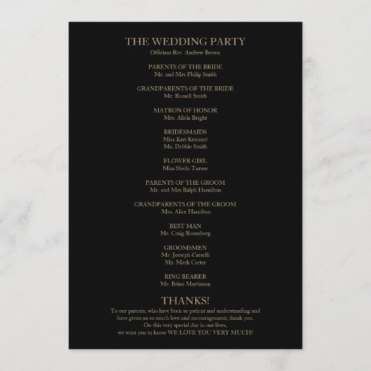 Gold Script Black Wedding Program Programm (Rückseite)