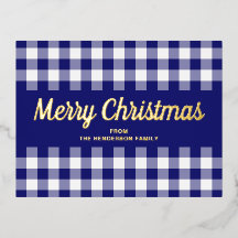 Gold Script Blue Gingham Frohe Weihnachten