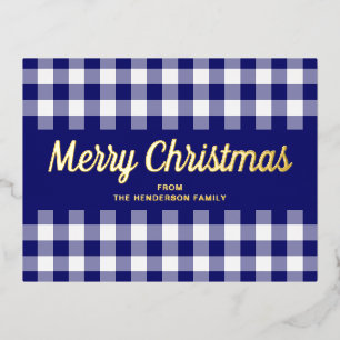 Gold Script Blue Gingham Frohe Weihnachten Folien Feiertagspostkarte