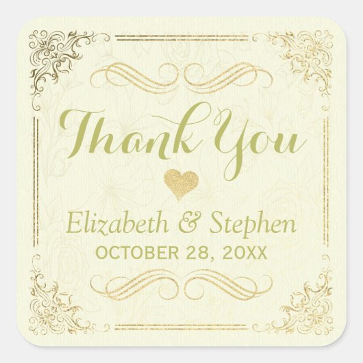 Gold Script Blumenrahmen Hochzeit Vielen Dank Quadratischer Aufkleber (Vorderseite)