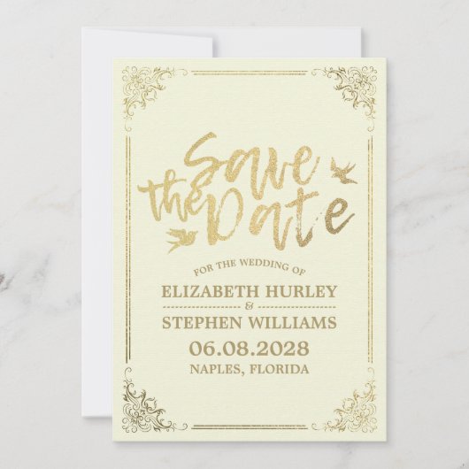 Gold Script Blumenrahmen Save the Date Hochzeit (Vorderseite)