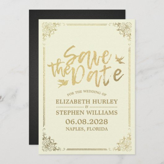 Gold Script Blumenrahmen Save the Date Hochzeit (Vorne/Hinten)