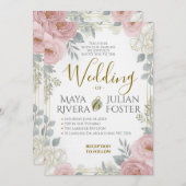 Gold Script Blush Pink Dusty Blue Floral Wedding Einladung (Vorne/Hinten)