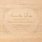Gold Script Botanische Rahmen Hochzeit speichern S Acryleinladungen (Vorderseite)