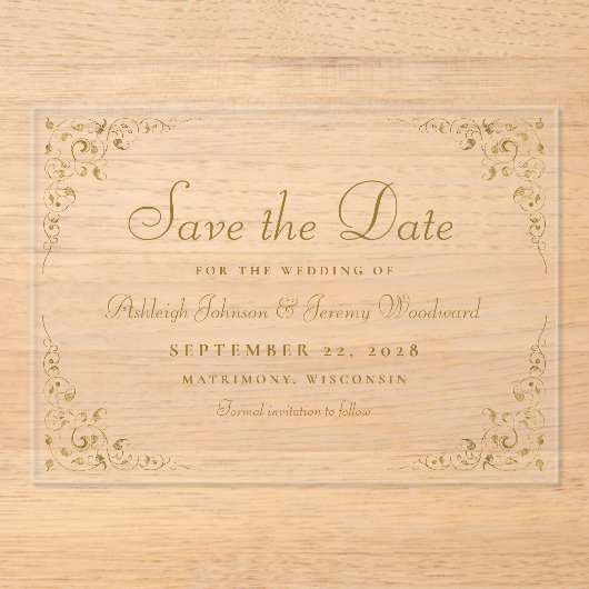 Gold Script Botanische Rahmen Hochzeit speichern S Acryleinladungen (Vorderseite)