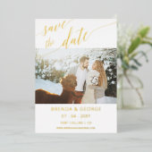 Gold Script Calligraphy 2 Fotos Save the Date Folieneinladung (Stehend vorne)