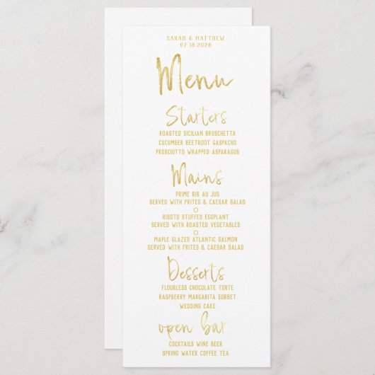 Gold Script Calligraphy Classic Wedding Dinner Menükarte (Vorne/Hinten)