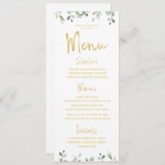 Gold Script Calligraphy Classic Wedding Dinner Menükarte (Vorne/Hinten)