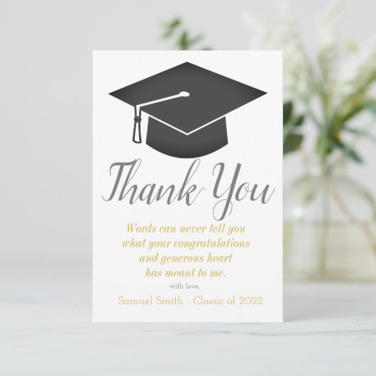 Gold Script Cap und Tassel Abschluss Dankeskarte (Stehend Vorderseite)