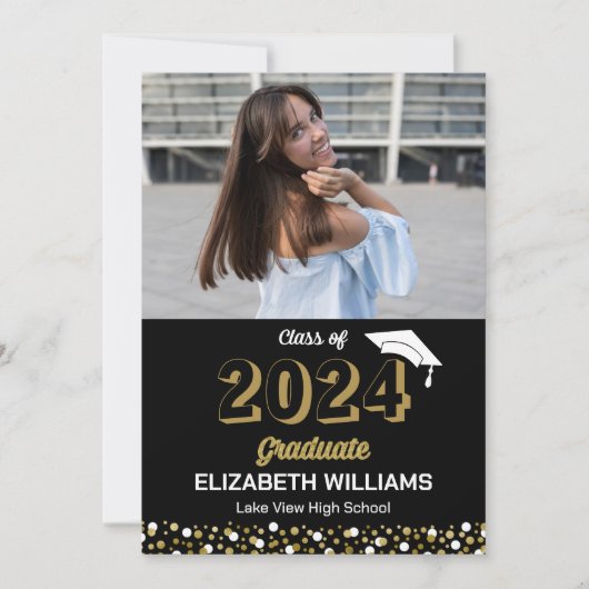 Gold Script Confetti Foto Black Grad Ankündigung (Vorderseite)
