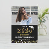 Gold Script Confetti Foto Black Grad Ankündigung (Stehend Vorderseite)