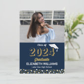 Gold Script Confetti Foto Blue Grad Ankündigung (Stehend Vorderseite)