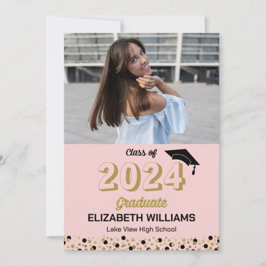 Gold Script Confetti Foto Pink Grad Ankündigung (Vorderseite)
