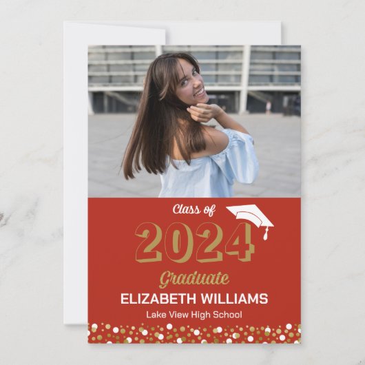 Gold Script Confetti Foto Red Grad Ankündigung (Vorderseite)