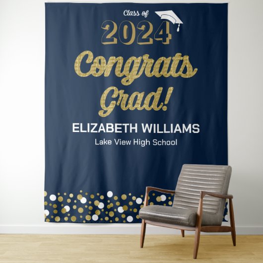 Gold Script Confetti Glückwunschs Grad Blue Hinter Wandteppich (Beispiel)