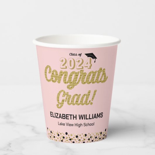 Gold Script Confetti Glückwunschs Grad Pink Pappbecher (Vorderseite)