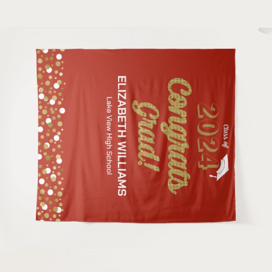 Gold Script Confetti Glückwunschs Grad Red Backgro Wandteppich (Vorderseite (Horizontal))