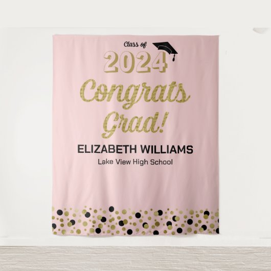 Gold Script Confetti Glückwunschs Grad Rosa Hinter Wandteppich (Vorderseite)