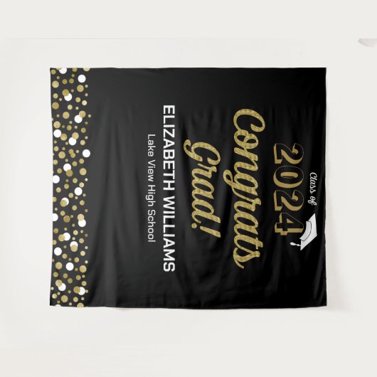 Gold Script Confetti Glückwunschs Grad Schwarzer H Wandteppich (Vorderseite (Horizontal))