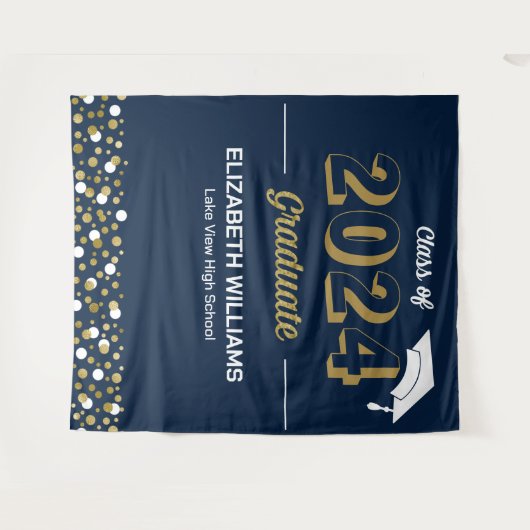Gold Script Confetti Grad Party Blue Background Wandteppich (Vorderseite (Horizontal))