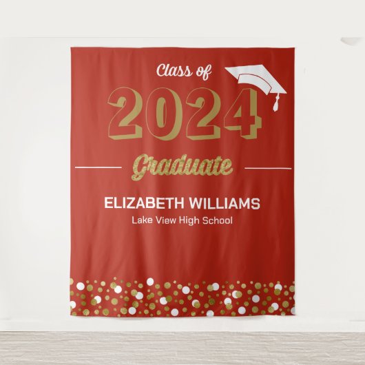 Gold Script Confetti Grad Party Roter Hintergrund Wandteppich (Vorderseite)