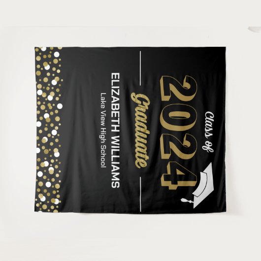 Gold Script Confetti Grad Party Schwarzer Hintergr Wandteppich (Vorderseite (Horizontal))