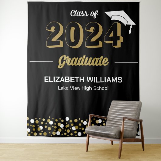 Gold Script Confetti Grad Party Schwarzer Hintergr Wandteppich (Beispiel)