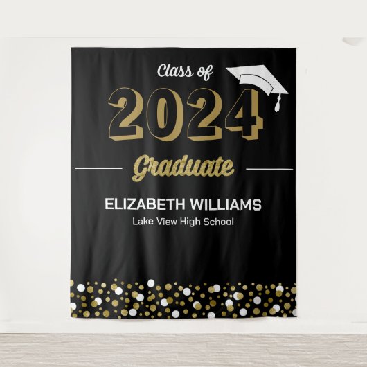 Gold Script Confetti Grad Party Schwarzer Hintergr Wandteppich (Vorderseite)