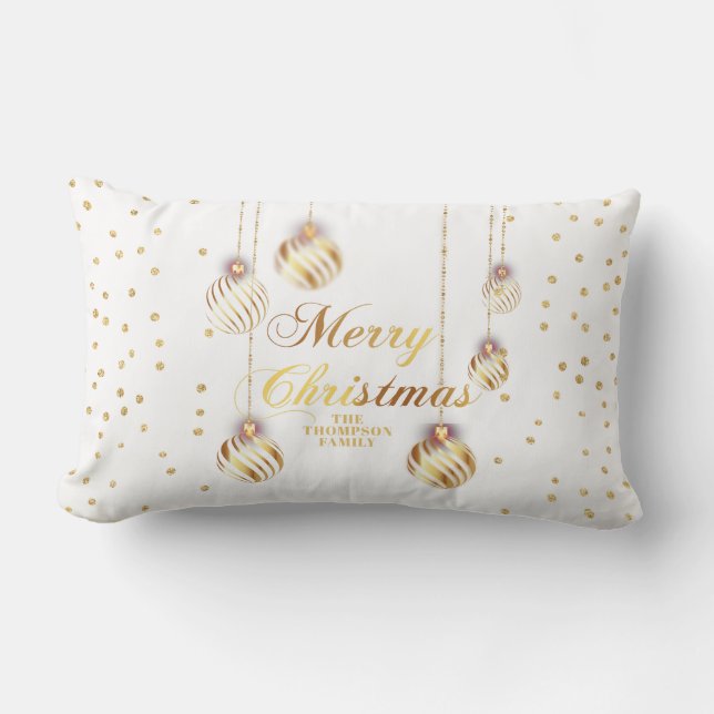Gold Script Confetti White Family Weihnachtsballs Lendenkissen (Vorderseite)