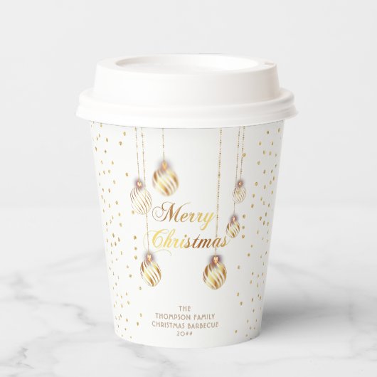 Gold Script Confetti White Family Weihnachtsballs Pappbecher (Vorderseite)