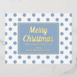 Gold Script Dusty Blue Polka Dots Frohe Weihnachte Folien Feiertagspostkarte