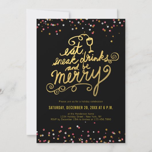 Gold Script Eat Drink Merry Confetti Holiday Party Einladung (Vorderseite)