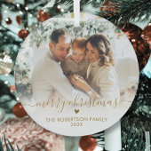 Gold Script Elegant Family Photo Merry Christmas Ornament Aus Glas