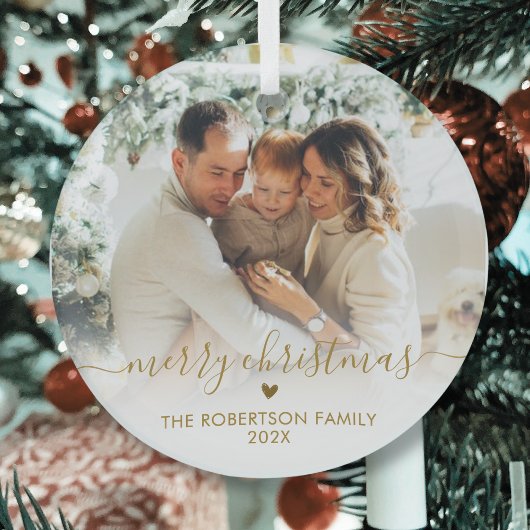 Gold Script Elegant Family Photo Merry Christmas   Ornament Aus Glas
