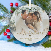 Gold Script Elegant Family Photo Merry Christmas Ornament Aus Glas