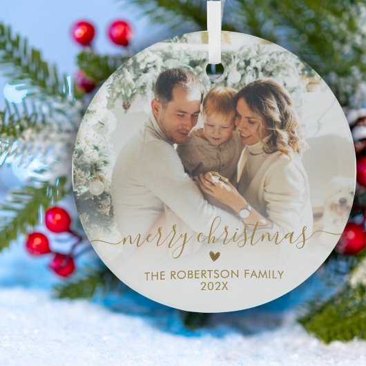 Gold Script Elegant Family Photo Merry Christmas   Ornament Aus Glas