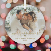 Gold Script Elegant Family Photo Merry Christmas Ornament Aus Glas
