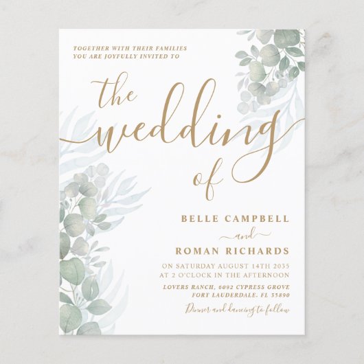 Gold Script & Eukalyptus Wedding Einladung (Vorderseite)