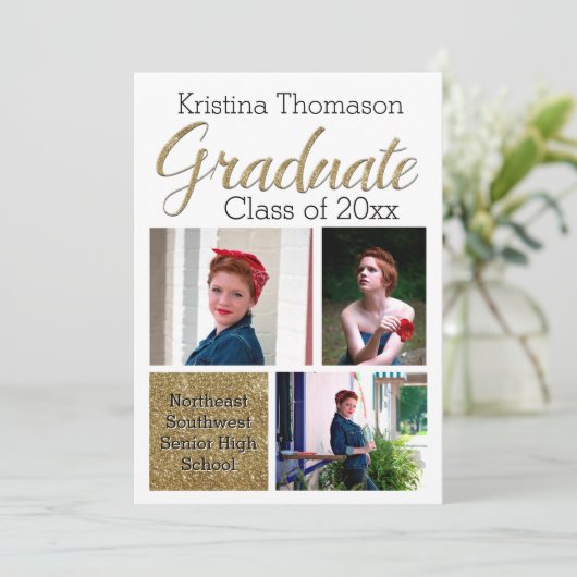 Gold Script Foto Collage High School Abschluss Einladung (Stehend Vorderseite)