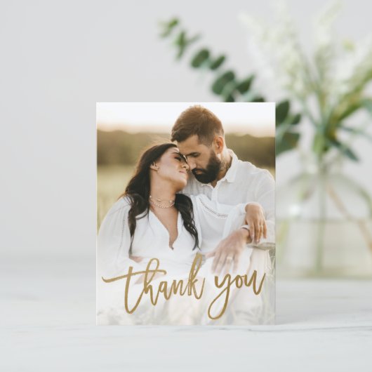 Gold Script Foto Hochzeit Dankeschön Karte (Stehend Vorderseite)