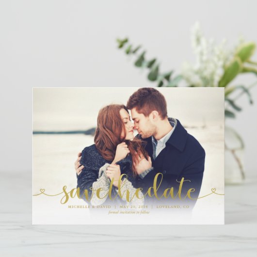 Gold Script-Foto Hochzeit speichern Sie das Datum Save The Date (Stehend Vorderseite)