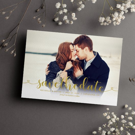 Gold Script-Foto Hochzeit speichern Sie das Datum Save The Date