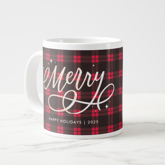 Gold Script Funkelnd Merry Holiday Kariert Foto Ge Jumbo-Tasse (Vorderseite Links)