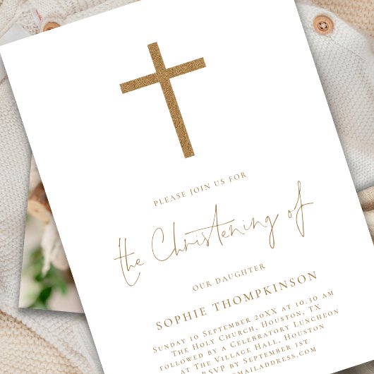 Gold Script Glitzer Cross Foto Christening Einladung